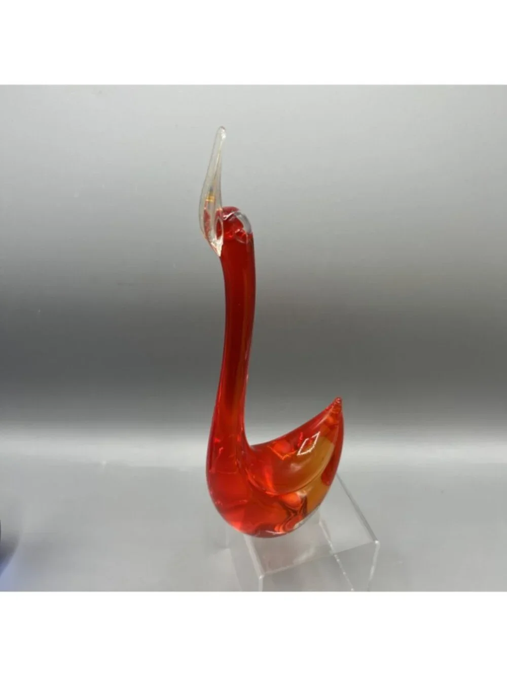 Murano Red Orange Glass Swan w/ Gold Bill Vtg Figurine 9.5 in Long Necked Italy